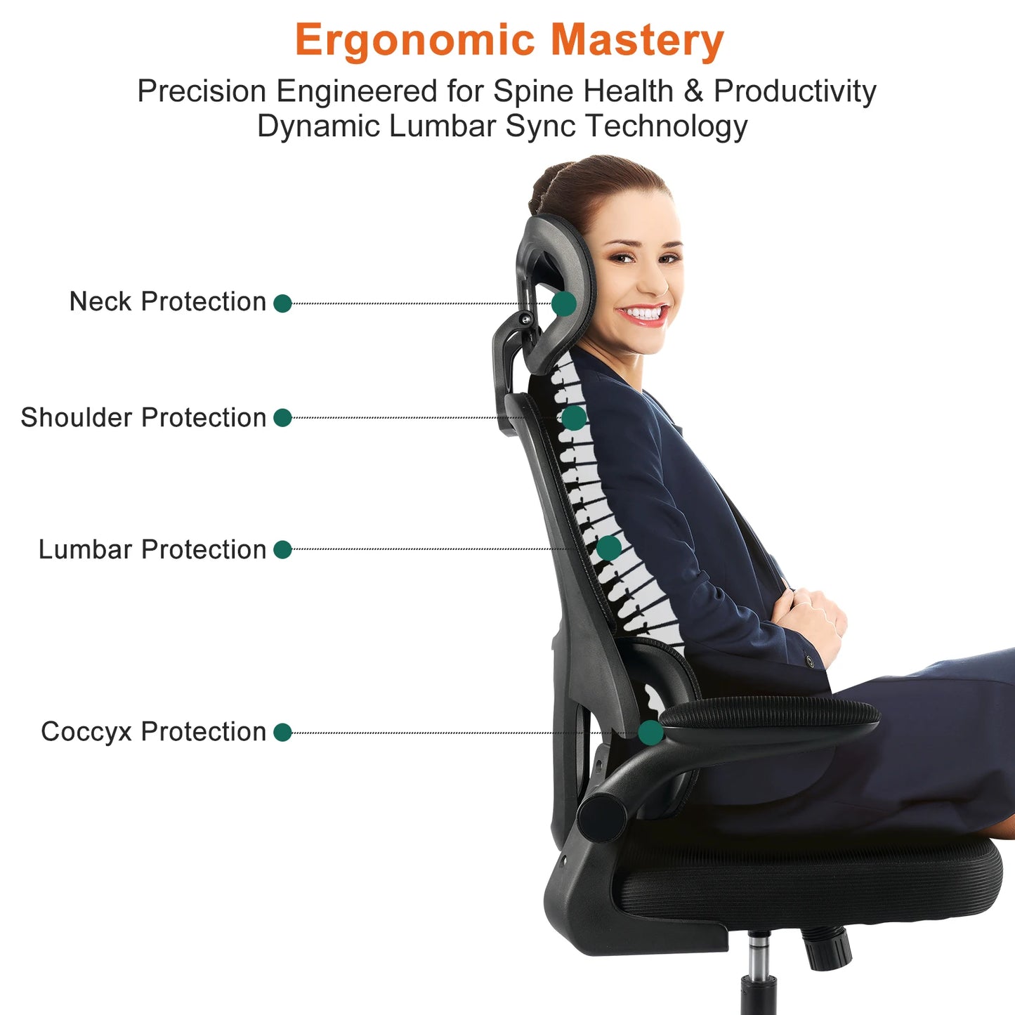 Gwong Ergonomic Office Chair Desk Chair with Folding Armrest Height-Adjustable Breathable Backrest Swivel Gaming Chair