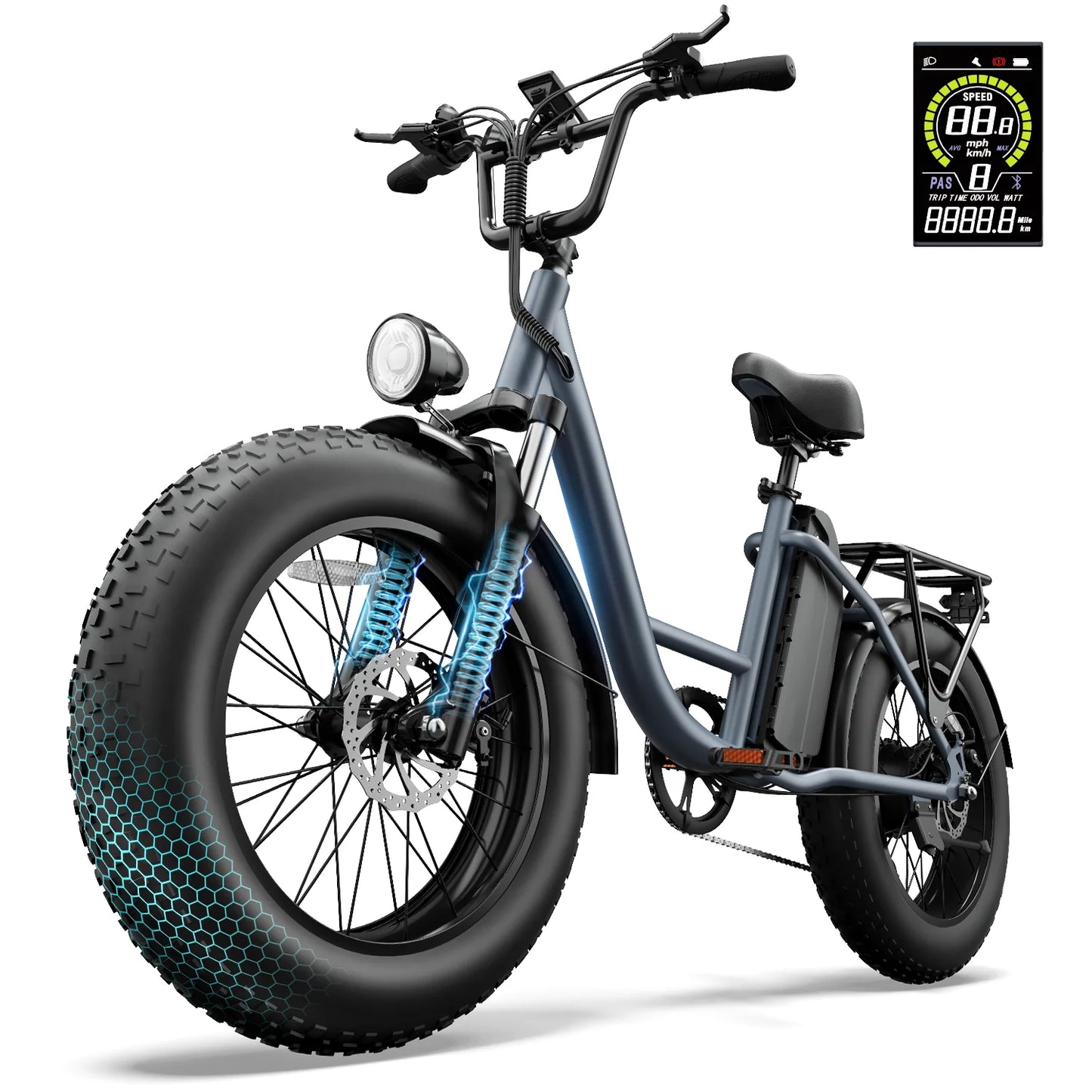 Urlife E20 Pro 1500W E-Bike Commuter 20x4" Tires 48V Removable LCD Display Speed 7-Speeds Hydraulic Disc Brakes For Adults