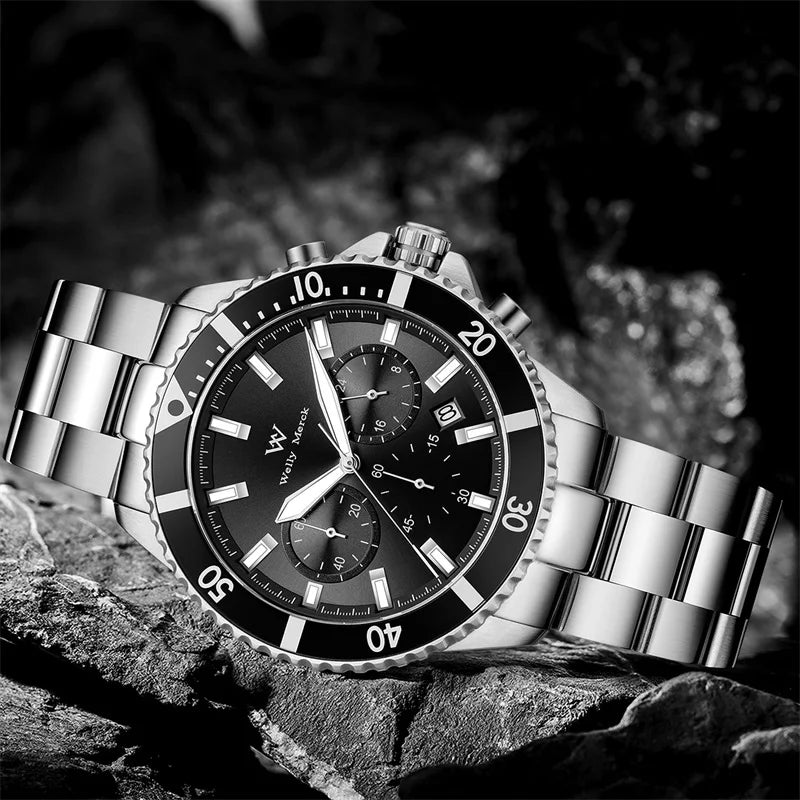 WM Watch Quartz Watches Multifunction Casual Business 200M Water Resistant Sapphire Crystal Aluminum Bezel WellyMerck Watch 184M