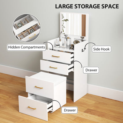 HOMCOM Compact Dressing Table and Stool Set, with Storage - White