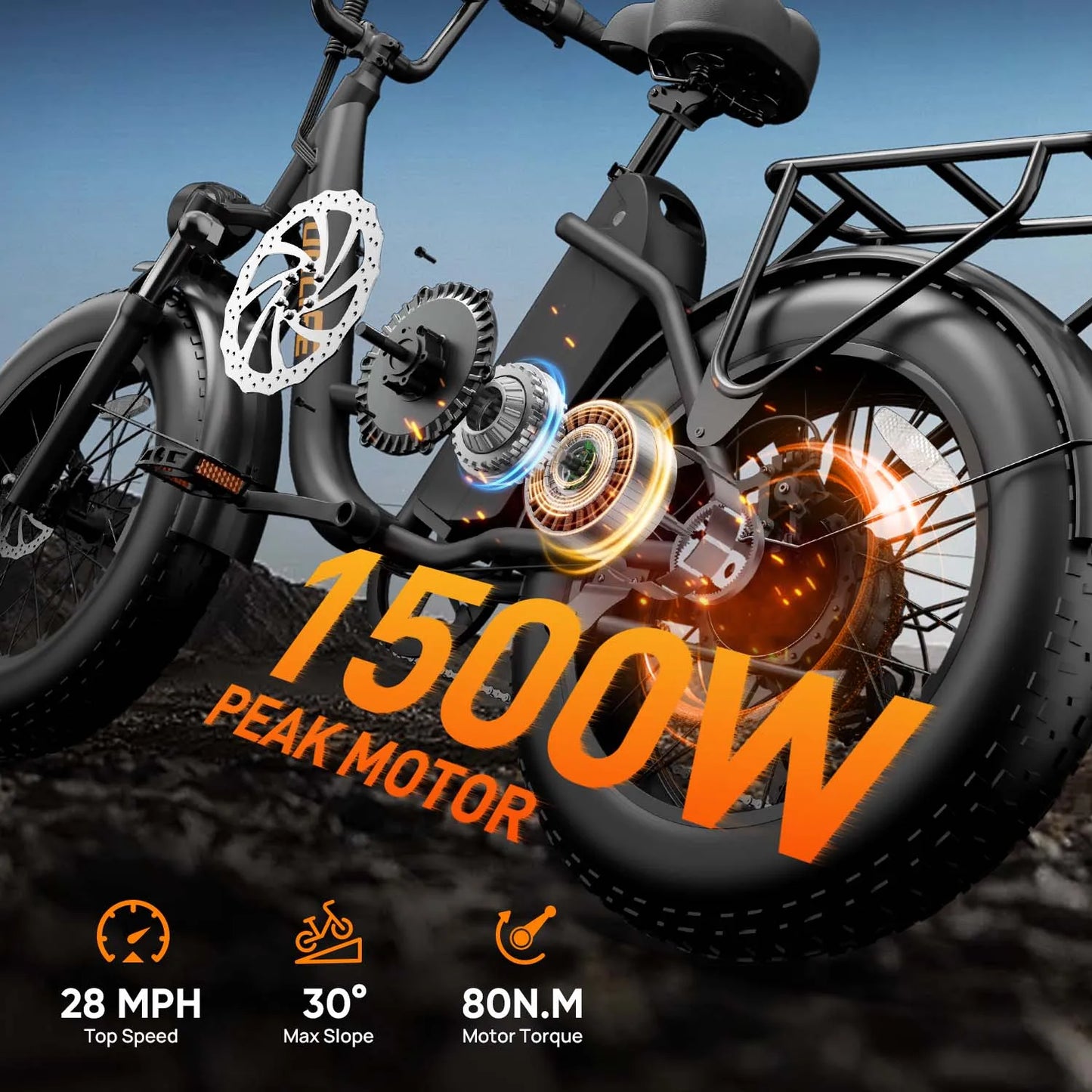 Urlife E20 Pro 1500W E-Bike Commuter 20x4" Tires 48V Removable LCD Display Speed 7-Speeds Hydraulic Disc Brakes For Adults