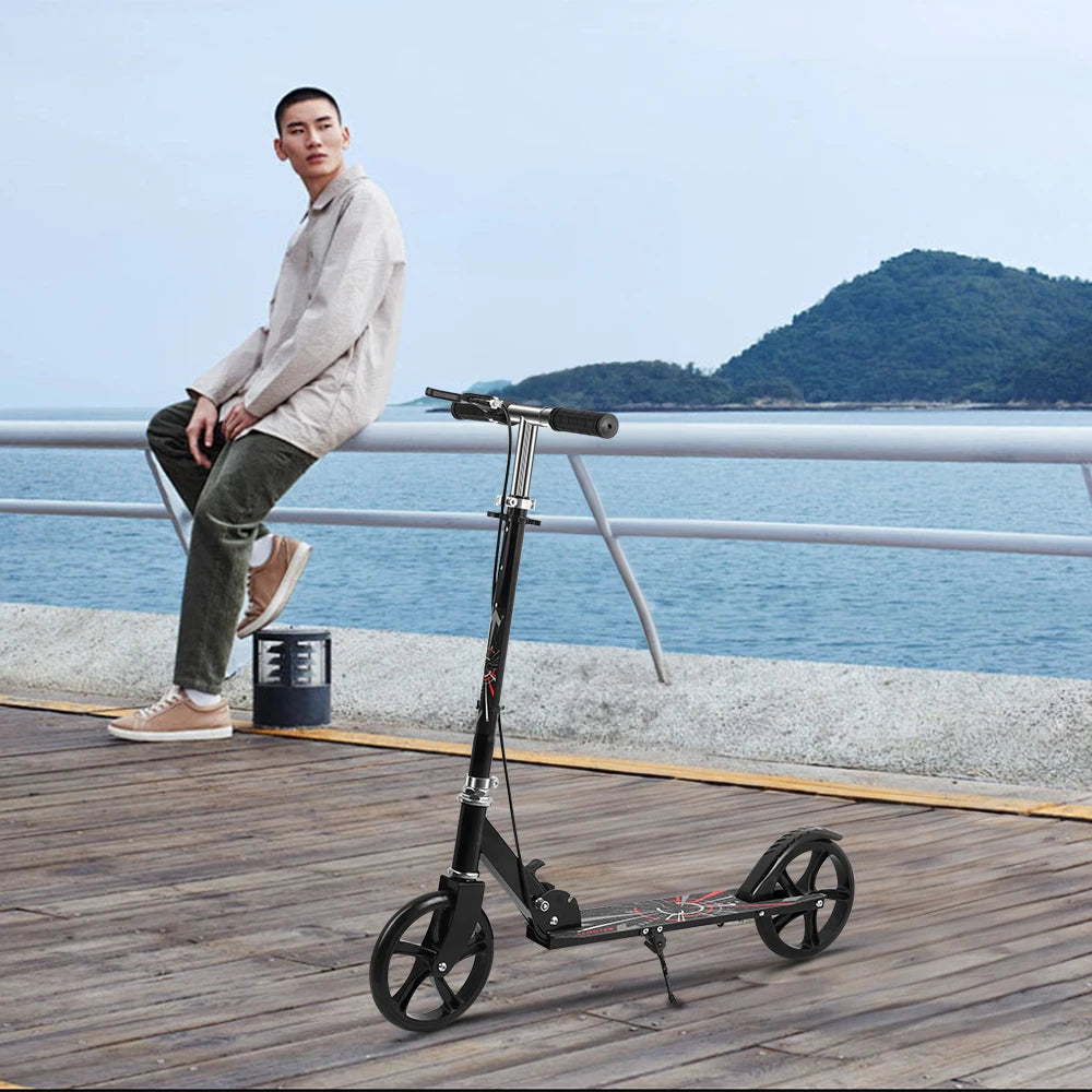 Foldable Commuter Scooter with Adjustable Handle Height Black Frame Rear Brake and Suspension for Kids Ages 6-12 And Adults