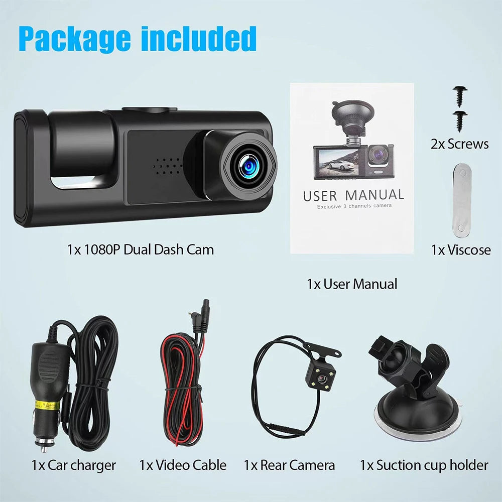 HD 1080P 3-Lens Car Camera 3 Channel Car DVRs Inside Vehicle Dash Cam Video Recorder Night Vision Dashcam With 32GB Memory Card