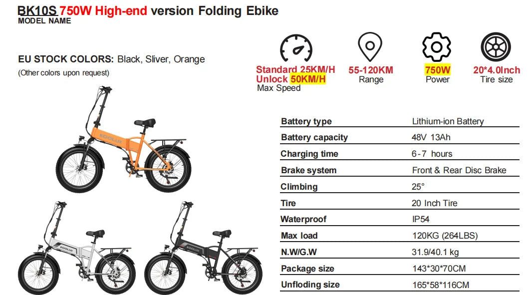 KOOLUX BK10SS High-end vers Folding Ebike 20Inch Electric Bicycle 750W 48V 13Ah Removable Battery E-bike All Terrain E Fat Bike