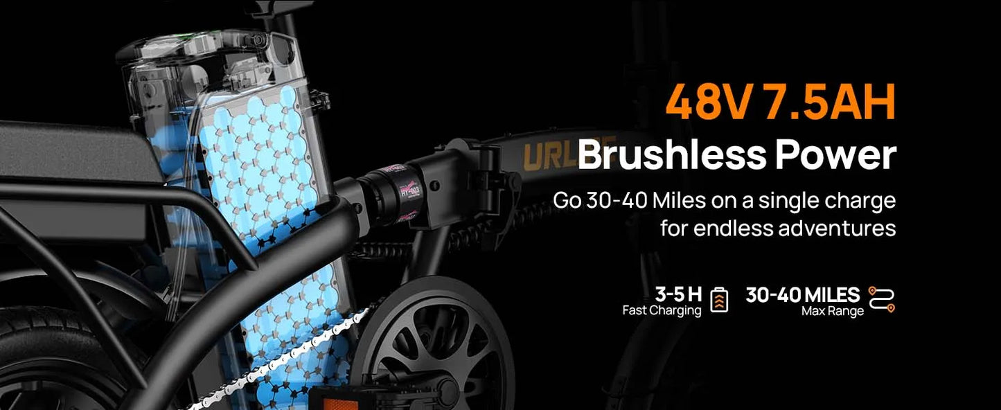 URLIFE 14 Inch Folding E-Bike 48V 7.5Ah 500W Power Removable & Fast Charge 40 Miles Hydraulic Front Suspension Dual Disc Brakes