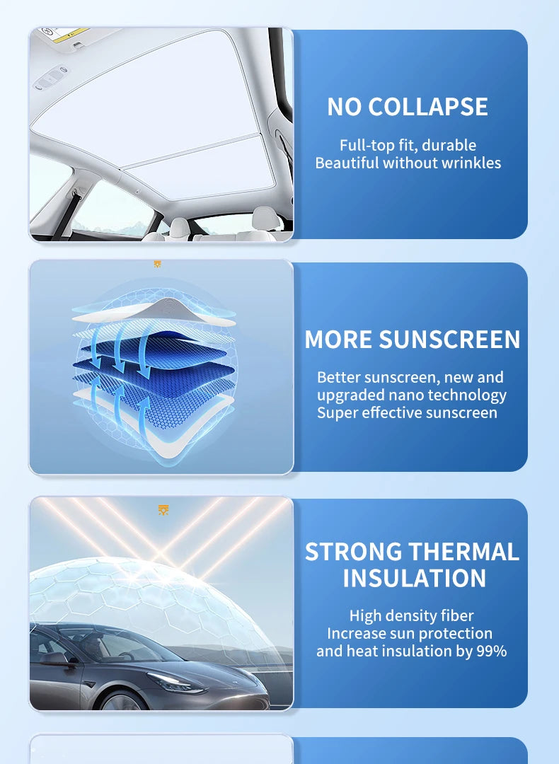 2PCS For Tesla Model 3/Y/3 Highland/Y Juniper Ice Cloth Buckle Shades for Glass Roof Front & Rear Sunroof Skylight Sunshade