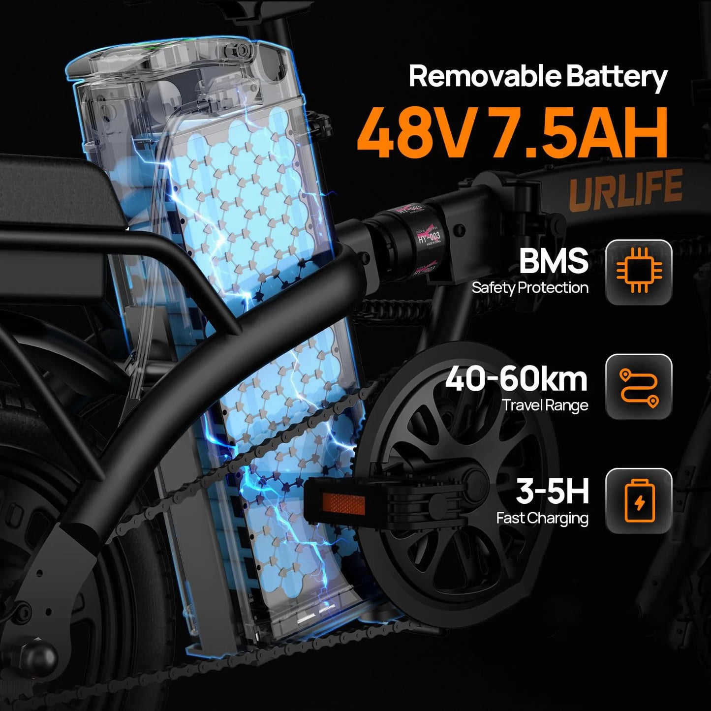 URLIFE 14 Inch Folding E-Bike 48V 7.5Ah 500W Power Removable & Fast Charge 40 Miles Hydraulic Front Suspension Dual Disc Brakes