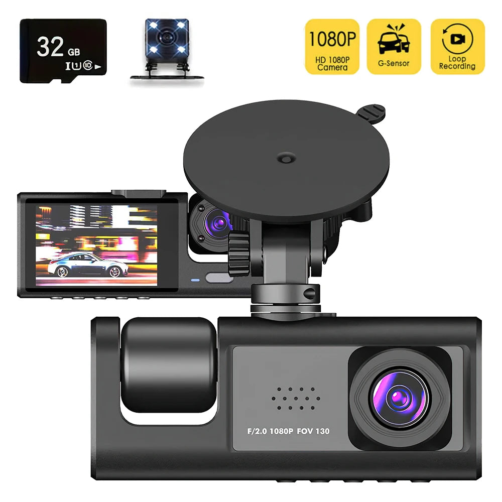 HD 1080P 3-Lens Car Camera 3 Channel Car DVRs Inside Vehicle Dash Cam Video Recorder Night Vision Dashcam With 32GB Memory Card