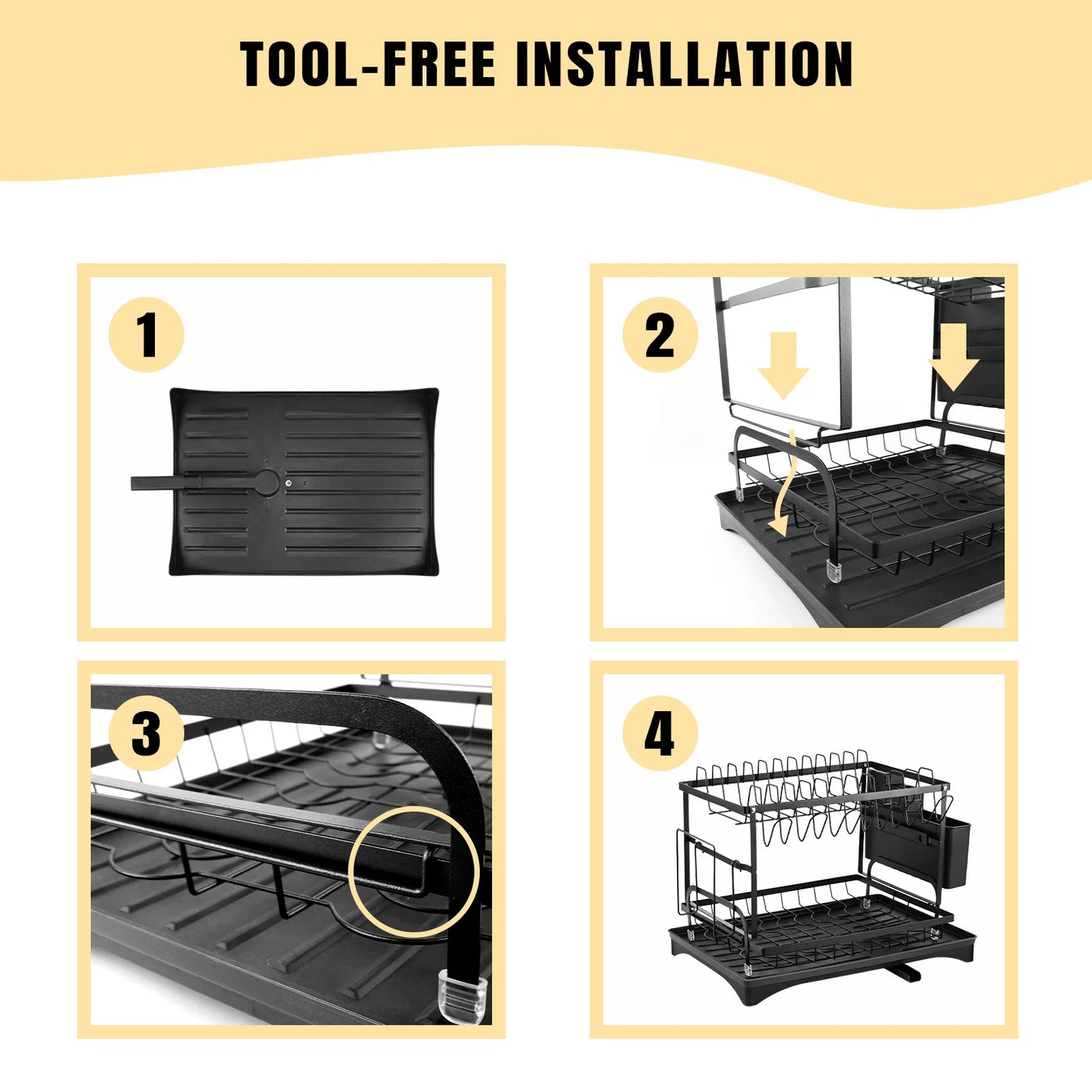 2 Tier Dishes drainer rack, kitchen Metal dishes drain rack with Drainboard, tableware tray drainer storage rack, kitchen organizer, 44x31x30cm, black