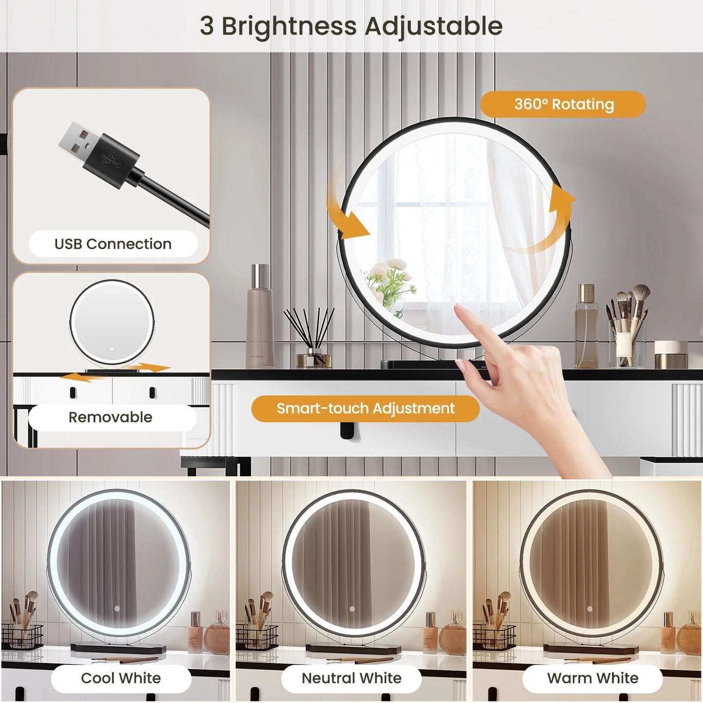 WOLTU Dressing Table with LED Lighting Mobile Mirror Vanity Flexible Assembly Makeup Cosmetic Table for Girls Women Bedroom