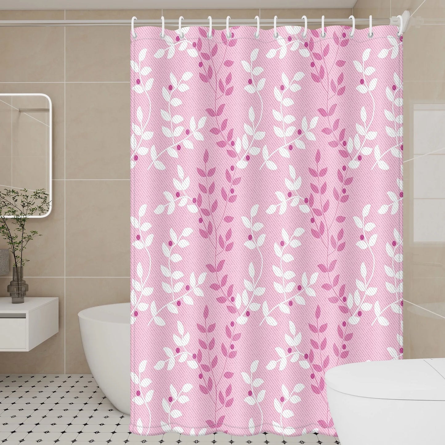 Pastel Pink Foliage Shower Curtain - Feminine Durable Fabric for Fresh Vibes