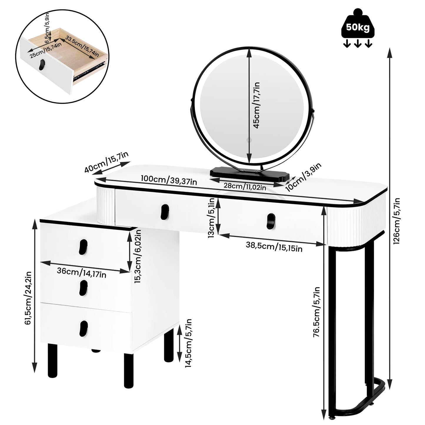 WOLTU Dressing Table with LED Lighting Mobile Mirror Vanity Flexible Assembly Makeup Cosmetic Table for Girls Women Bedroom