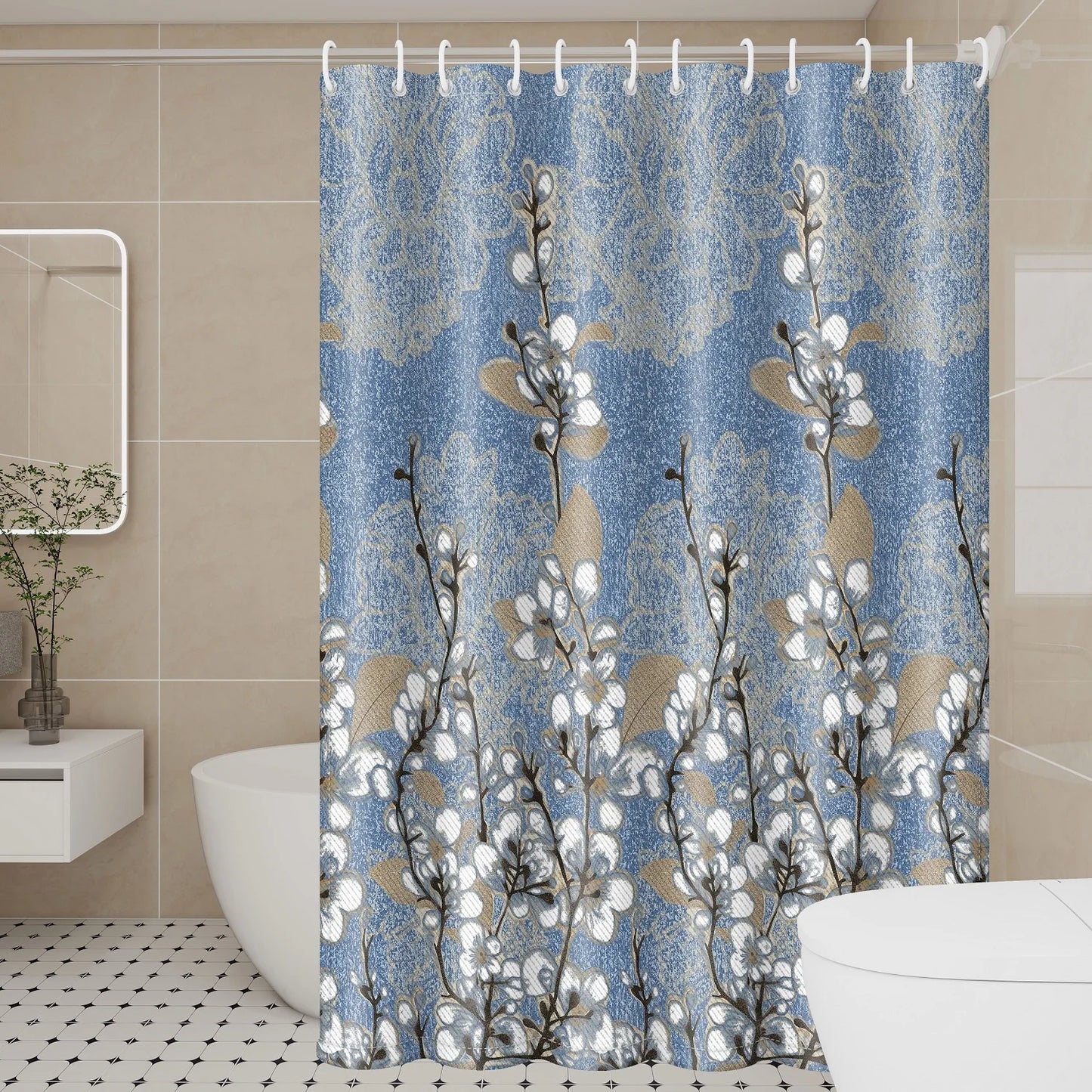 Botanical White Magnolia Blossom Bath Curtain - Durable, quick-dry polyester fabric