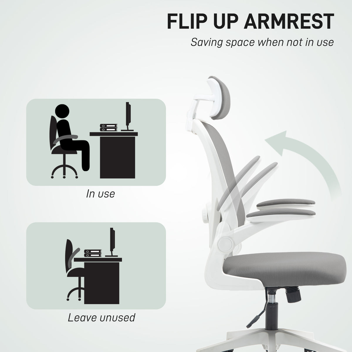 HOMCOM Executive Office Chair, Ergonomic Mesh High Back Desk Chair with Flip-up Armrest, Rotatable Headrest, Adjustable Lumbar Support for Home Study, Grey