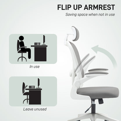 HOMCOM Executive Office Chair, Ergonomic Mesh High Back Desk Chair with Flip-up Armrest, Rotatable Headrest, Adjustable Lumbar Support for Home Study, Grey