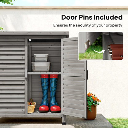 Outsunny Garden Shed Wooden Garden Storage Shed 2 Door Unit Solid Fir Wood Garage Tool Organisation Cabinet, 87L x 46.5W x 96.5Hcm, Grey