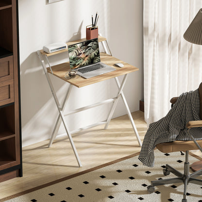 HOMCOM 70 cm Folding Computer Desk with Monitor Shelf - Natural Wood Finish