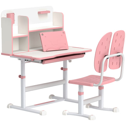 AIYAPLAY Height Adjustable Kids Desk and Chair Set, Children School Study Desk with Tiltable Desktop, Reading Rack,  Pink