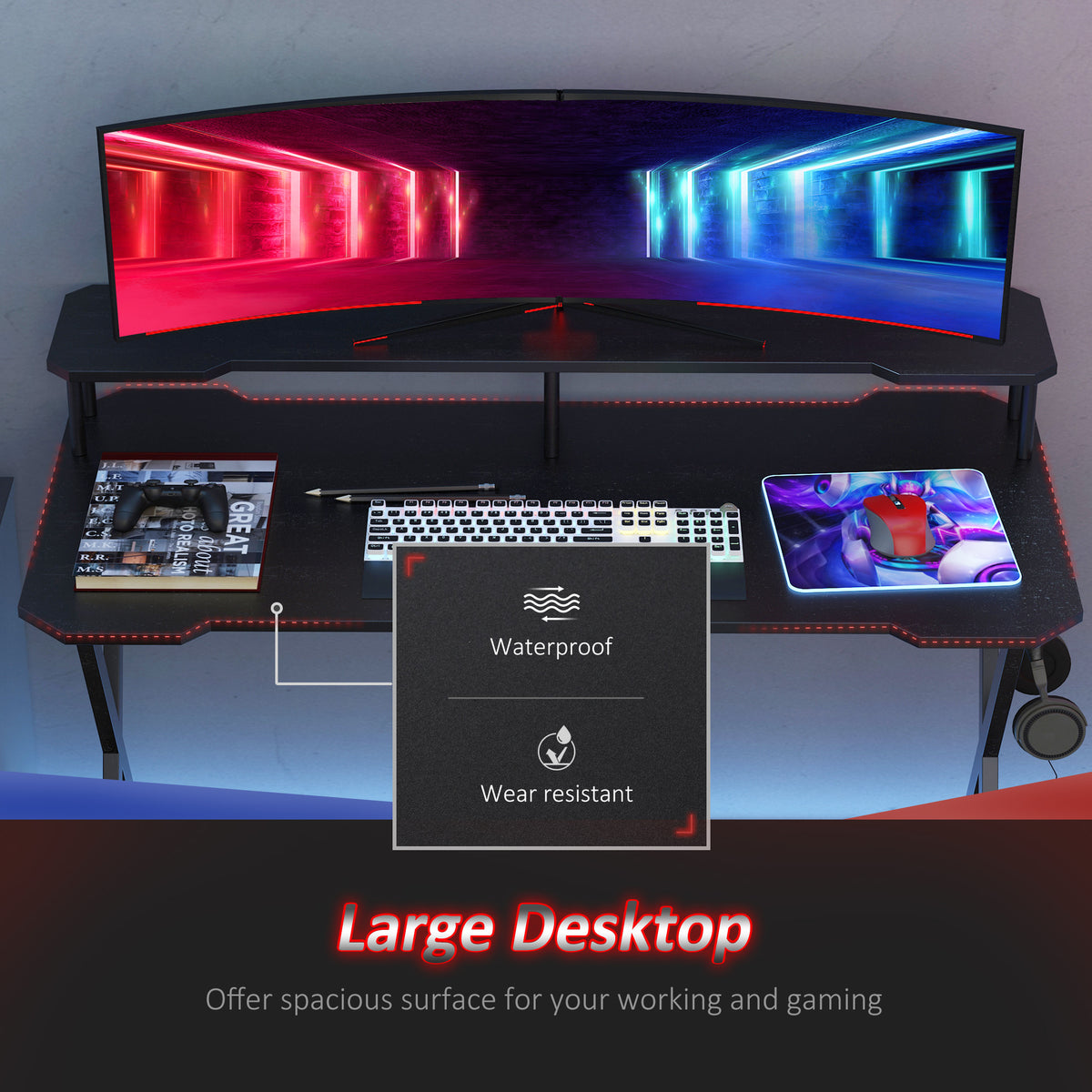 HOMCOM Gaming Desk Writing Racing Computer Table Workstation with Headphone Hook Curved Front Adjustable Feet for Home Office Use 140 x 60cm