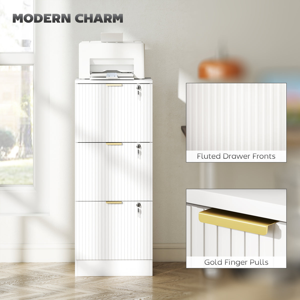 HOMCOM Filing Cabinet, Fluted Vertical File Cabinet with 3 Lockable Drawers and Hanging Rails, White