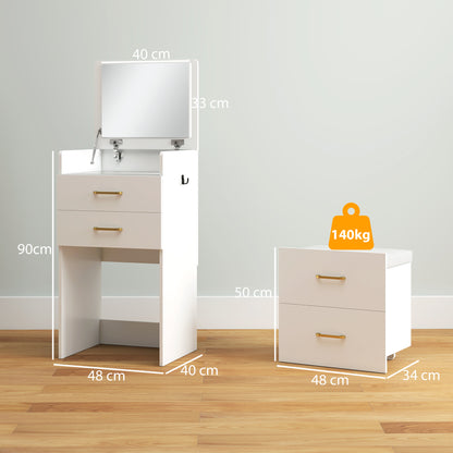 HOMCOM Compact Dressing Table and Stool Set, with Storage - White