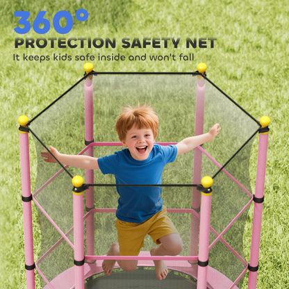 HOMCOM 4.6FT/55" Kids Trampoline with Enclosure Net, Outdoor Indoor Use, for Ages 3-10 Years, Pink