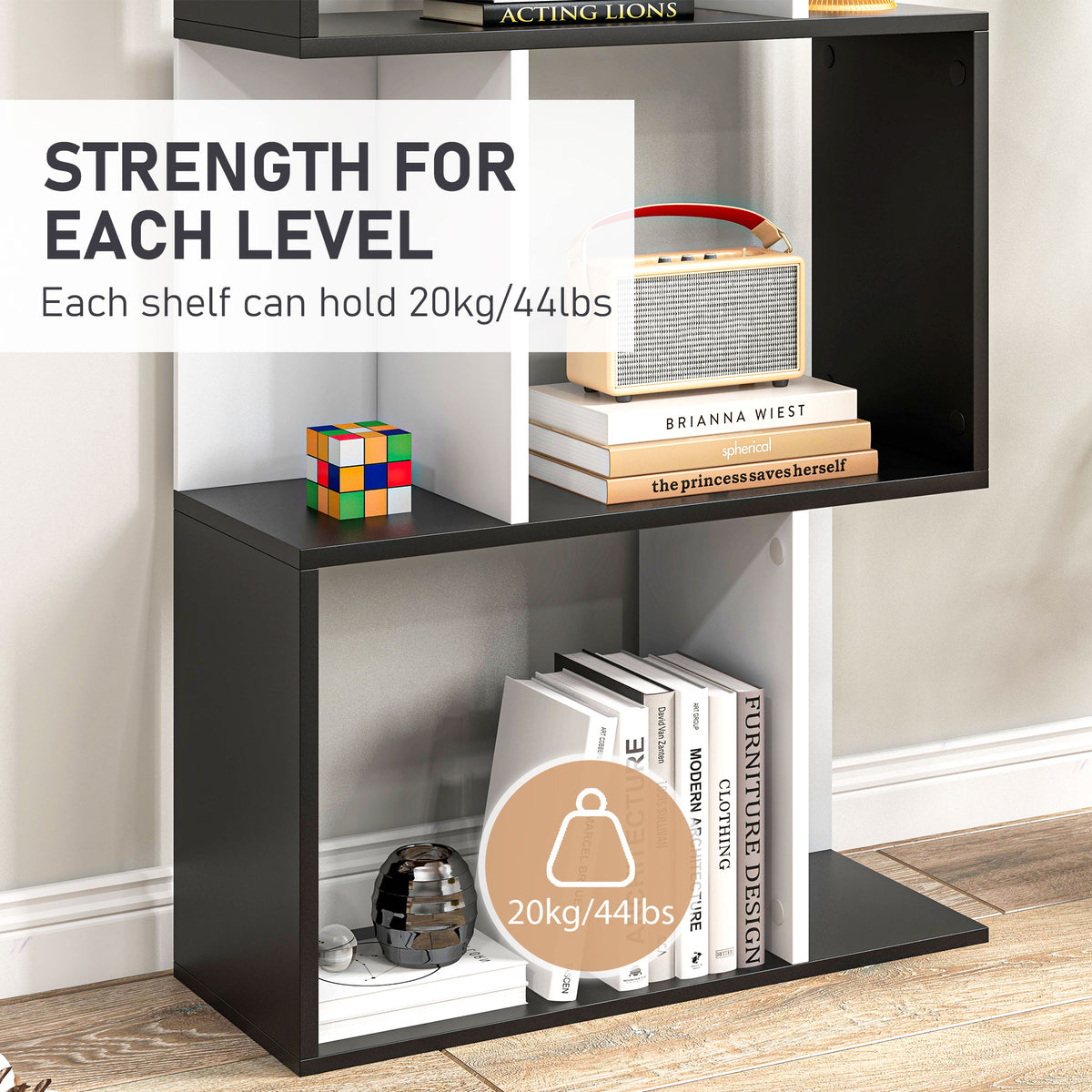 HOMCOM Bookcase, S-Shaped Wooden Bookshelf, 5/6 Tiers Freestanding Storage Shelf, Home Office Decorative Display Stand Rack, Black and White, 24D x 60W x 184.5H