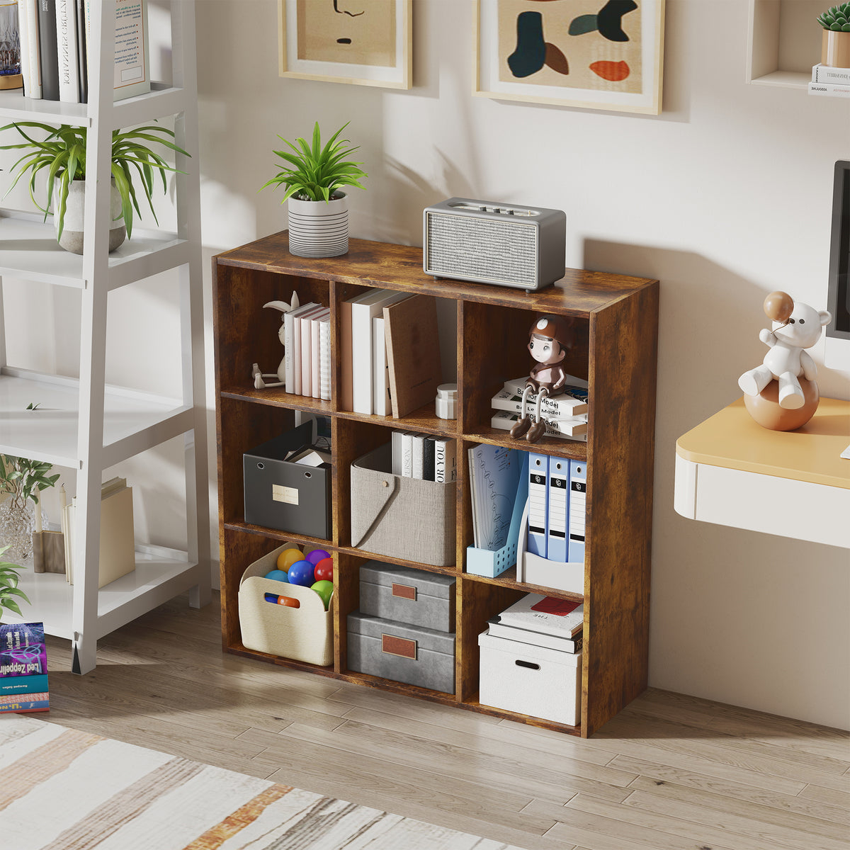 HOMCOM 3-tier 9 Cubes Storage Unit Particle Board Cupboard Bookcase Organiser Home Office Shelves, Rustic Brown