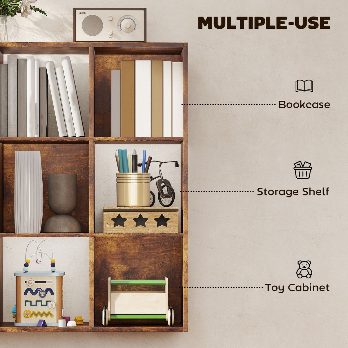 HOMCOM 3-tier 9 Cubes Storage Unit Particle Board Cupboard Bookcase Organiser Home Office Shelves, Rustic Brown