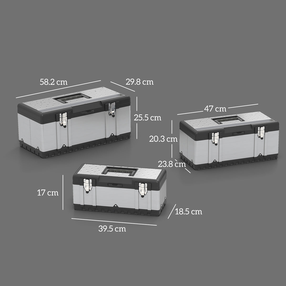 HOMCOM 3 Pieces Stainless Steel Toolbox Set, 23"/ 19"/ 16"