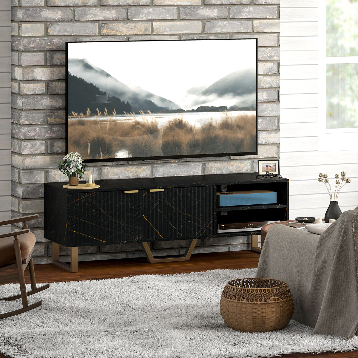HOMCOM Marble Effect TV Unit, Modern TV Stand Cabinet for up to 70" TVs, with Shelves and Storage Cupboard, Fluted Door, Extra Centre Leg, Cable Management for Living Room, Black