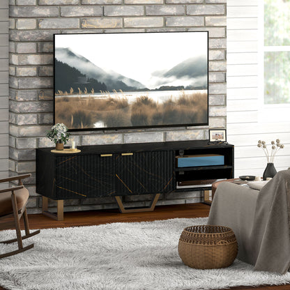 HOMCOM Marble Effect TV Unit, Modern TV Stand Cabinet for up to 70" TVs, with Shelves and Storage Cupboard, Fluted Door, Extra Centre Leg, Cable Management for Living Room, Black