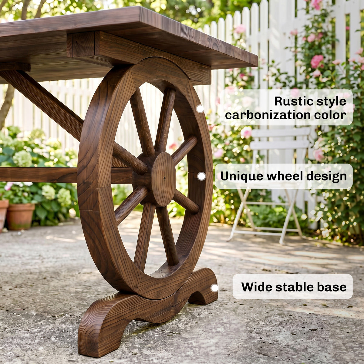 Outsunny Wooden Garden Dining Table, Wagon Wheel Outdoor Coffee Table with 3 cm Wood Top for Patio, Balcony, Terrace, 110 x 60 x 65 cm, Carbonised Finish