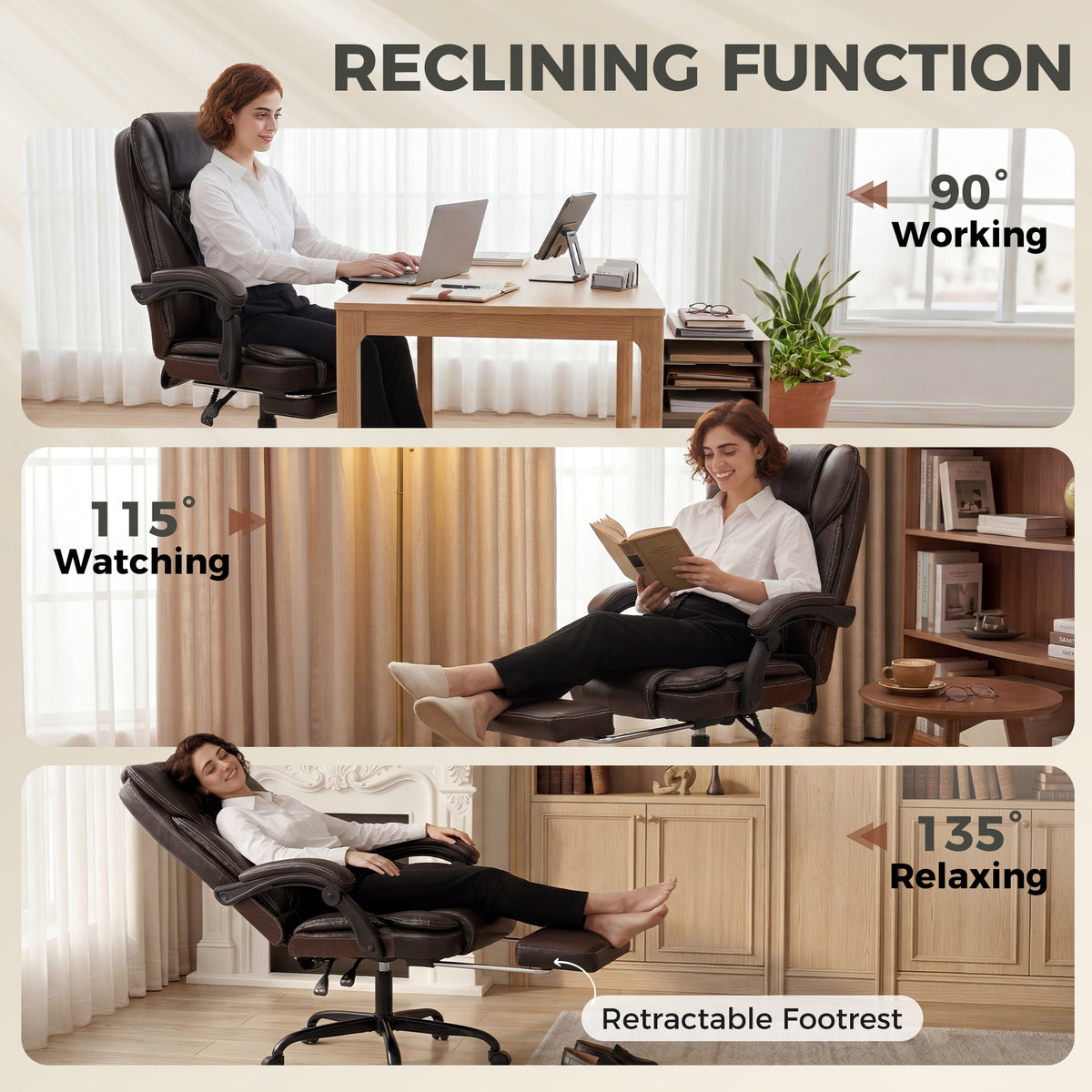 HOMCOM Executive Home Office Chair Reclining Function Footrest Computer Desk Chair High Back, Brown
