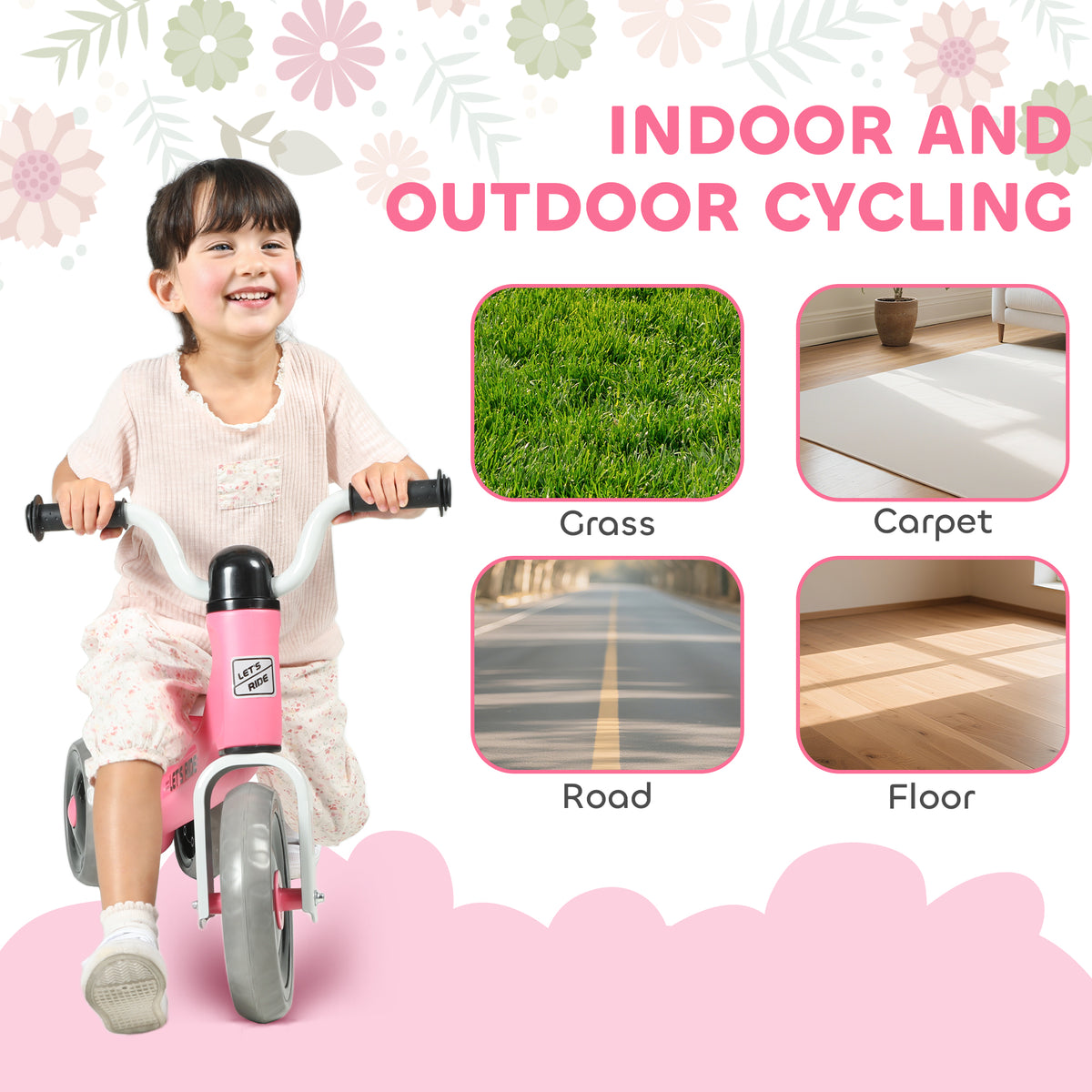 AIYAPLAY Toddler Balance Bike with No Pedal, 3 Silence Wheels for 12-36 Months Boys and Girls, Indoor Outdoor, Pink