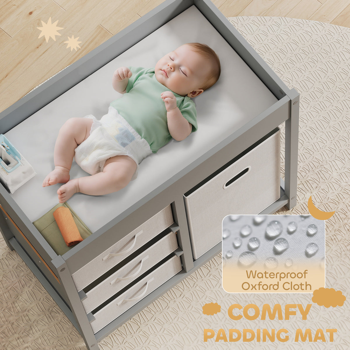 AIYAPLAY Baby Changing Unit with 4 Storage Drawers, Mat for Bedroom Nursery, 84 x 84.5 cm, Grey