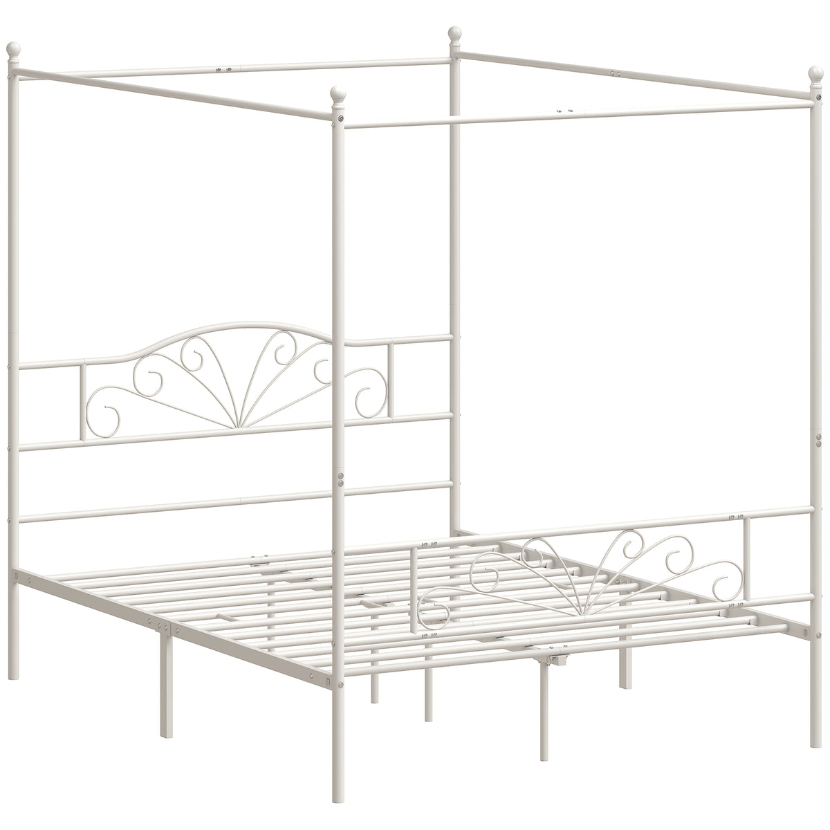 HOMCOM Canopy Bed Frame Double Size, Metal Platform Bed Frame with Headboard and Footboard, Underbed Storage, White