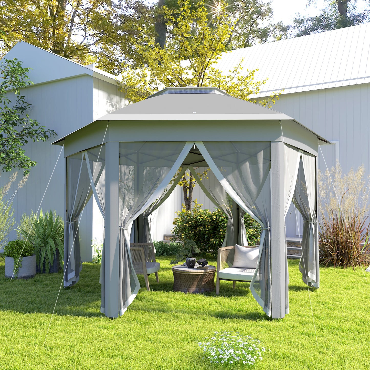 Outsunny 3 x 4m Garden Gazebo Hexagon Pop Up Party Tent Canopy Double Roof Instant Shelter with Netting and Carry Bag，Dark Grey