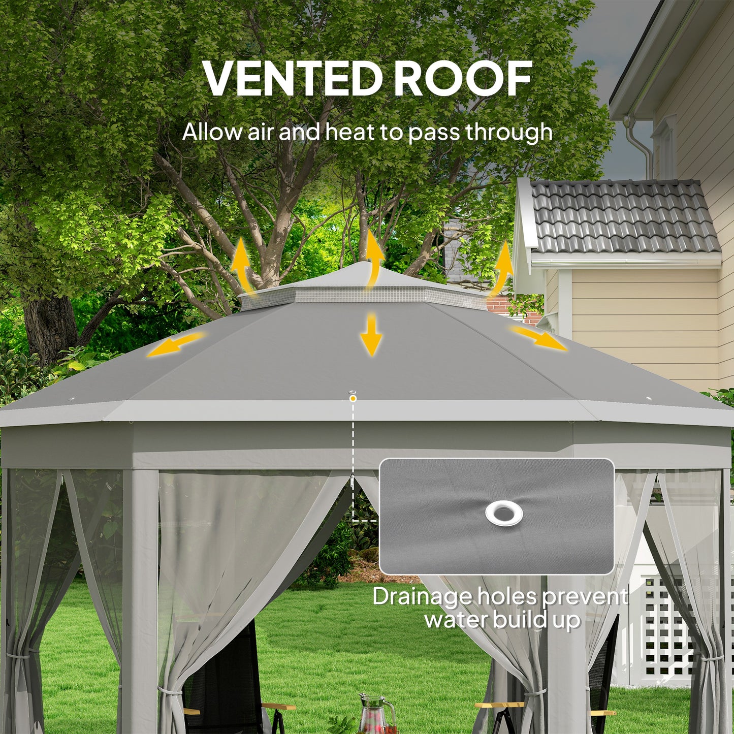 Outsunny 3 x 4m Garden Gazebo Hexagon Pop Up Party Tent Canopy Double Roof Instant Shelter with Netting and Carry Bag，Dark Grey