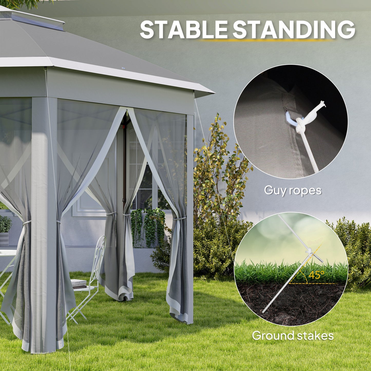 Outsunny 3 x 4m Garden Gazebo Hexagon Pop Up Party Tent Canopy Double Roof Instant Shelter with Netting and Carry Bag，Dark Grey
