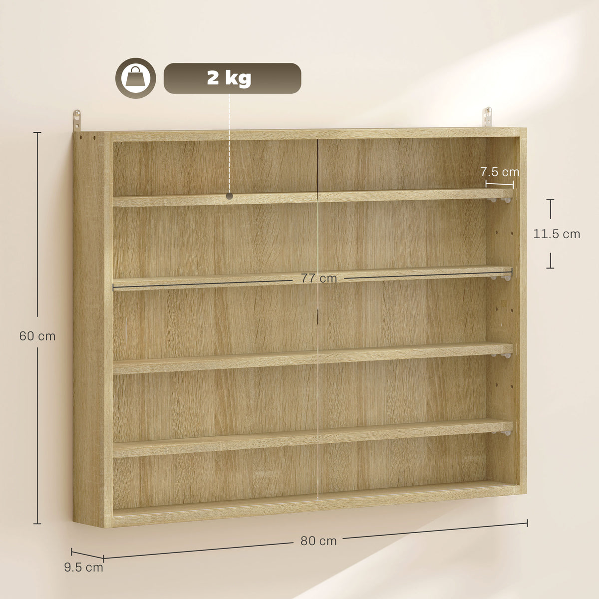 HOMCOM 5-Tier Wall Display Shelf Unit Cabinet w/ 4 Adjustable Shelves Glass Doors Home Office Ornaments 60x80cm Oak