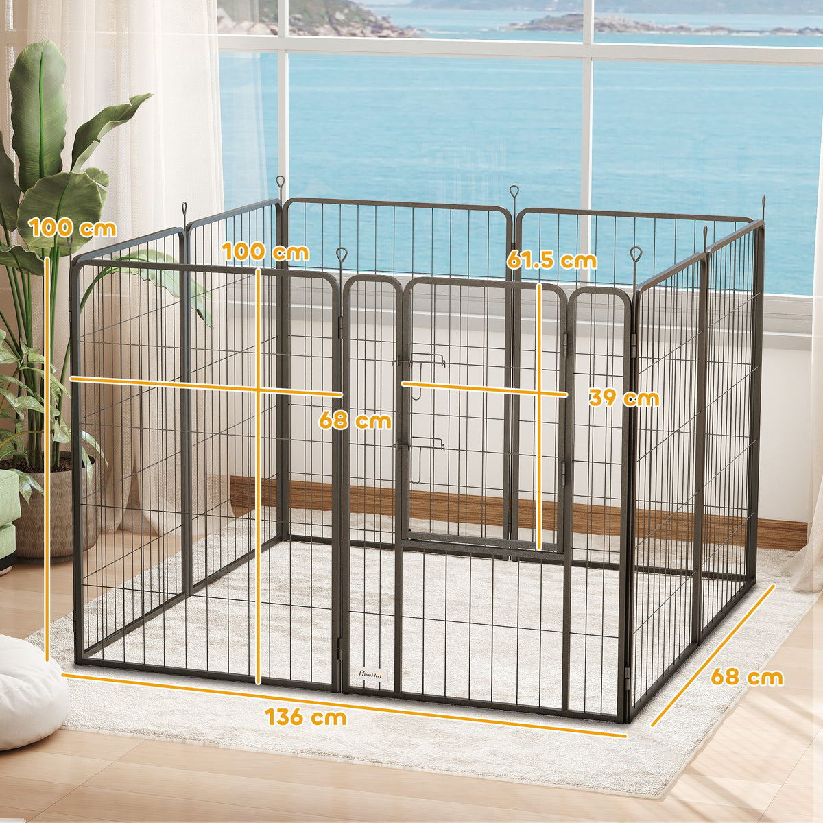 PawHut Eight-Panel Dog Playpen with Door, for Large Dogs, Indoors, Outdoors, 100cm Tall, Black