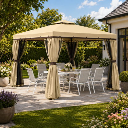 Outsunny 3 x 3(m) Patio Gazebo Canopy Garden Pavilion Tent Shelter with 2 Tier Water Repellent Roof, Mosquito Netting and Curtains, Aluminium Frame, Beige