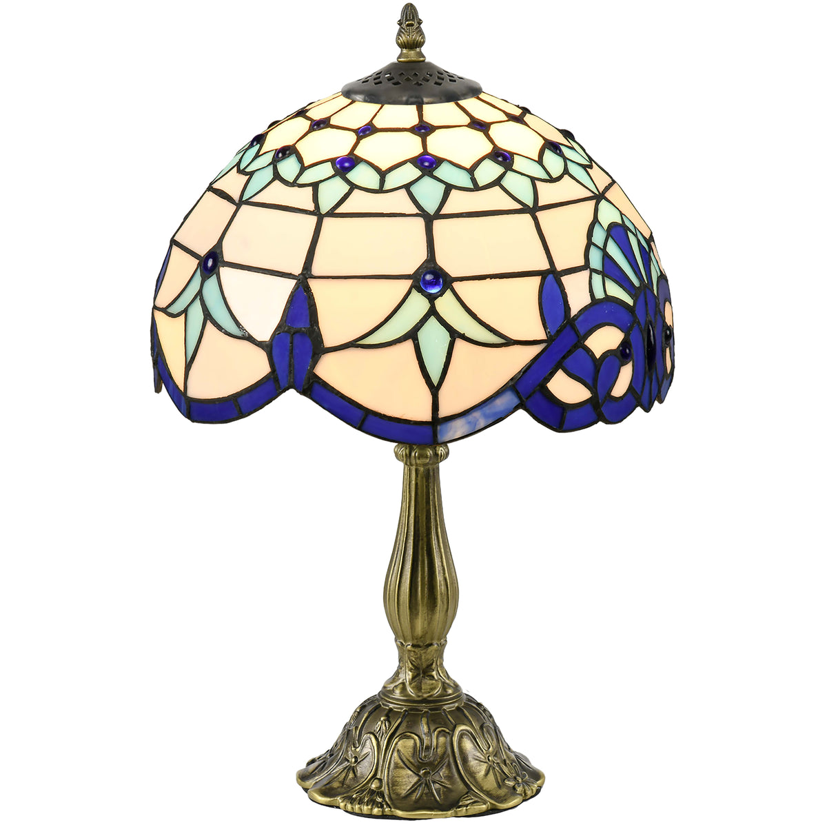 HOMCOM Tiffany Stained Glass Table Lamp, Handmade Antique Bedside Lamp for Bedroom, Living room, Home, Nightstand, Decorative Night Light, Blue
