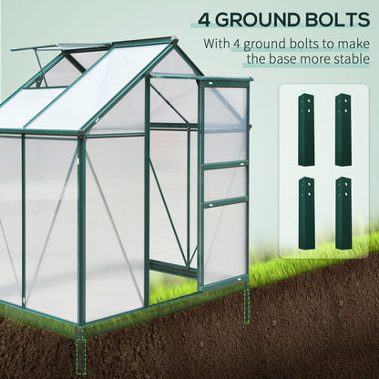 Outsunny 6 x 4ft Polycarbonate Greenhouse, Large Walk in Green House with Slide Door and Window, Garden Plants Grow House with Aluminium Frame and Foundation, Dark Green