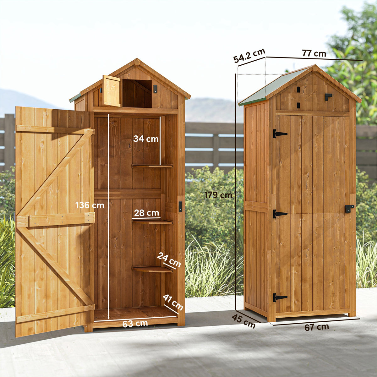 Outsunny Garden Shed Wood Outdoor Garden Tool Storage Unit with 3 Detachable Shelves, 77 x 54.2 x 179cm,  Brown