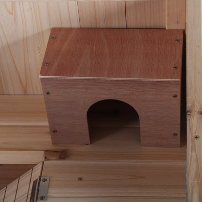 PawHut Wooden Hamster Cage, Mice Rodent Small Animals Kit Hutch, 3 Tiers Exercise Play House, with Wheels, Bottom Tray, 99 x 50 x 69 cm, Natural Wood