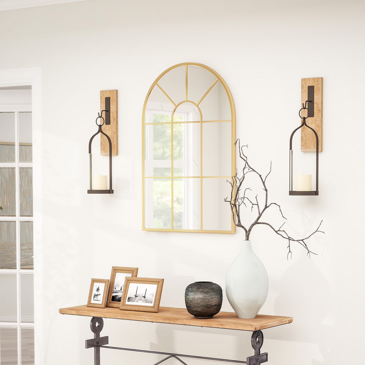 HOMCOM 90 X 61cm Arched Grid Mirror - Gold Tone