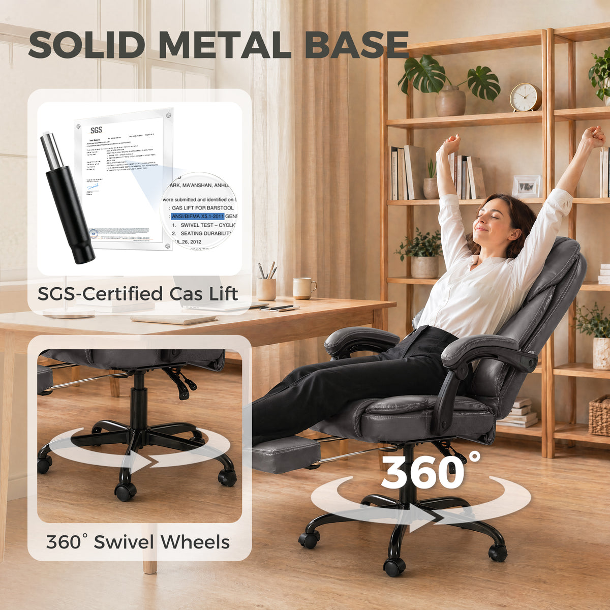 HOMCOM Executive Home Office Chair Reclining Function Footrest Computer Desk Chair High Back, Grey