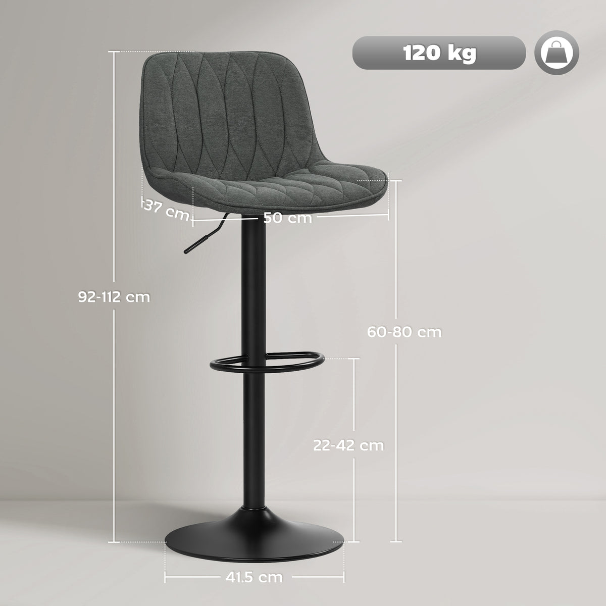 HOMCOM Set of Two Linen-Look Bar Stools - Charcoal Grey
